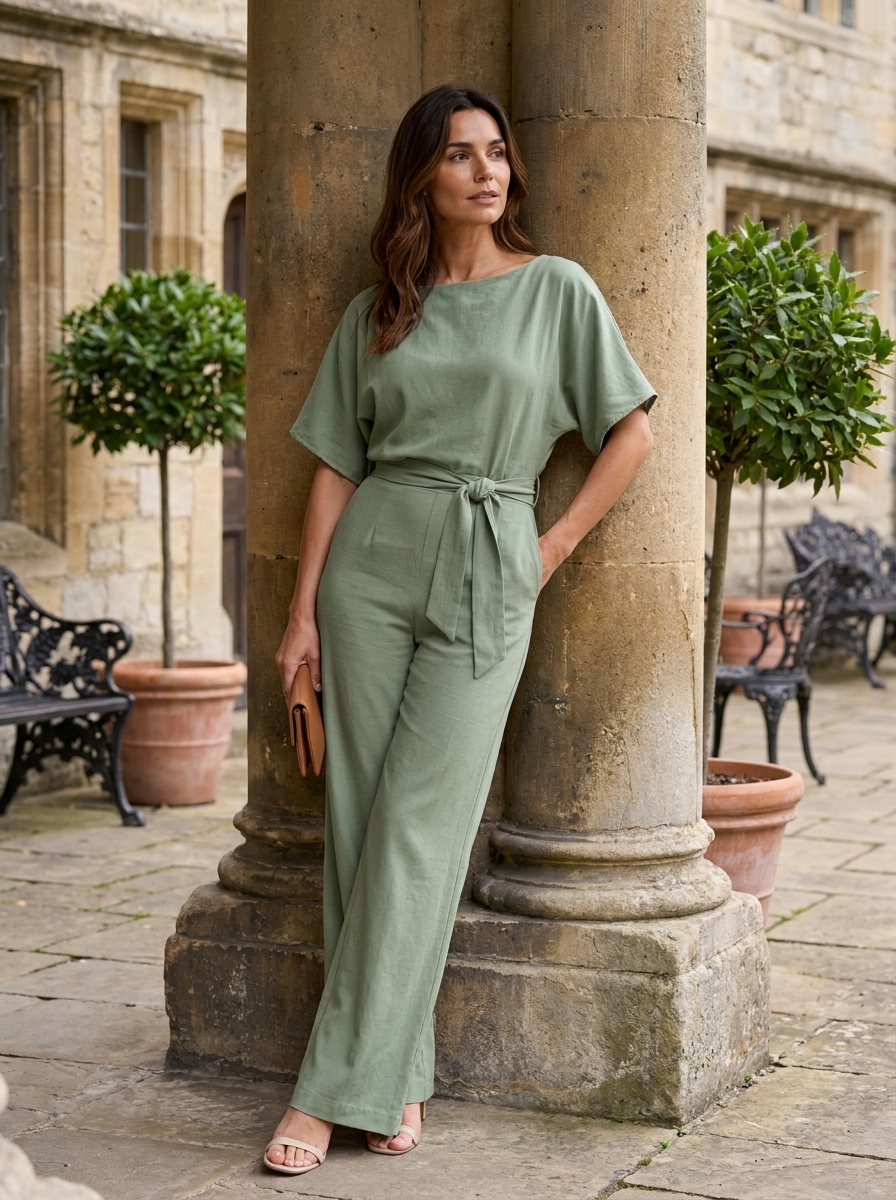 Women's wide-leg jumpsuit in green with elastic waist, full-length polyester construction