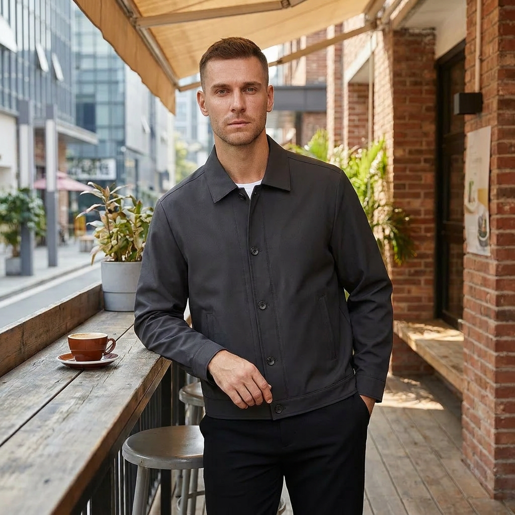 Men's dark gray polyester jacket with shirt collar and button-zip fastening, front view