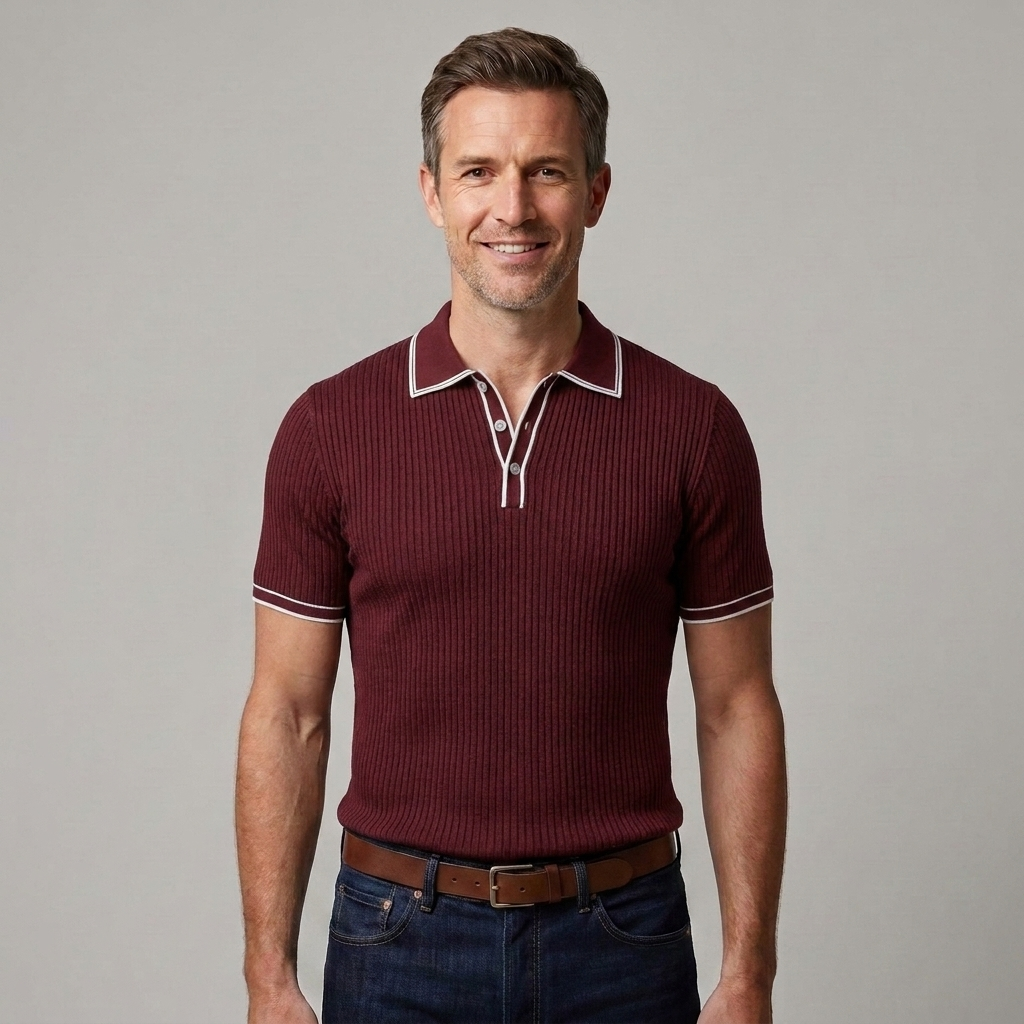 Men's ribbed knit polo shirt featuring contrast trim on the collar and sleeve cuffs with a button placket