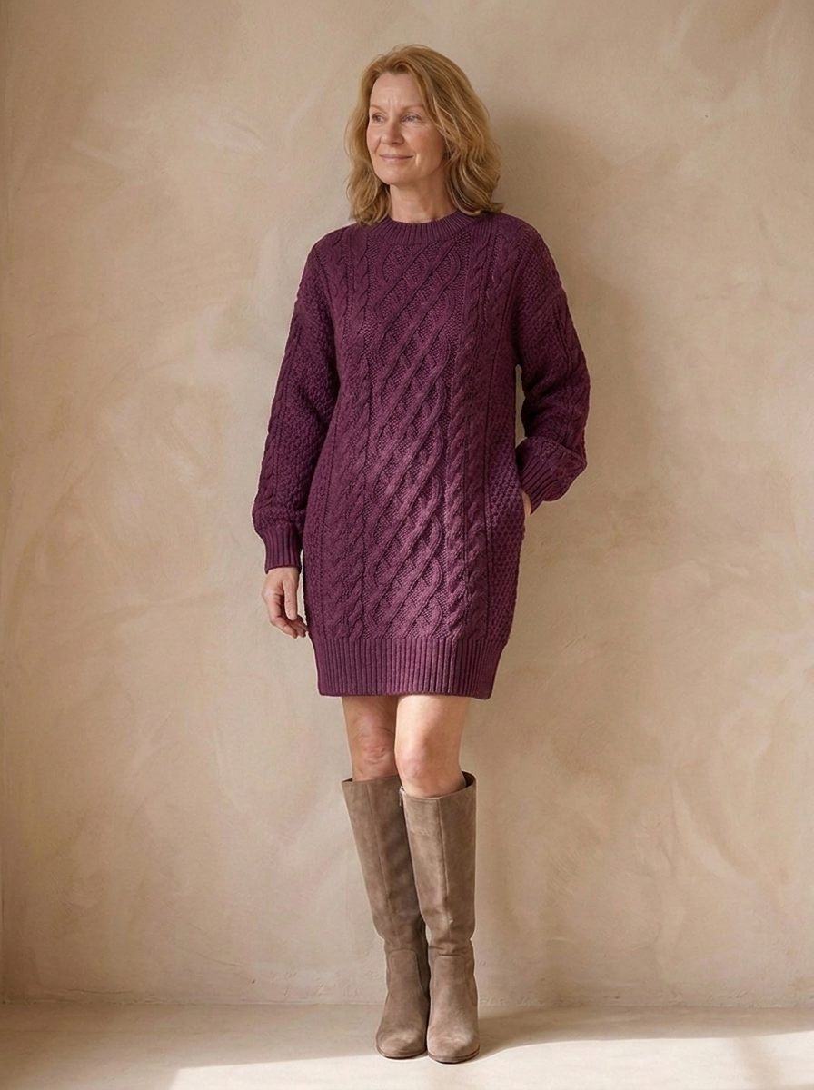 Women's cable knit sweater dress with long sleeves