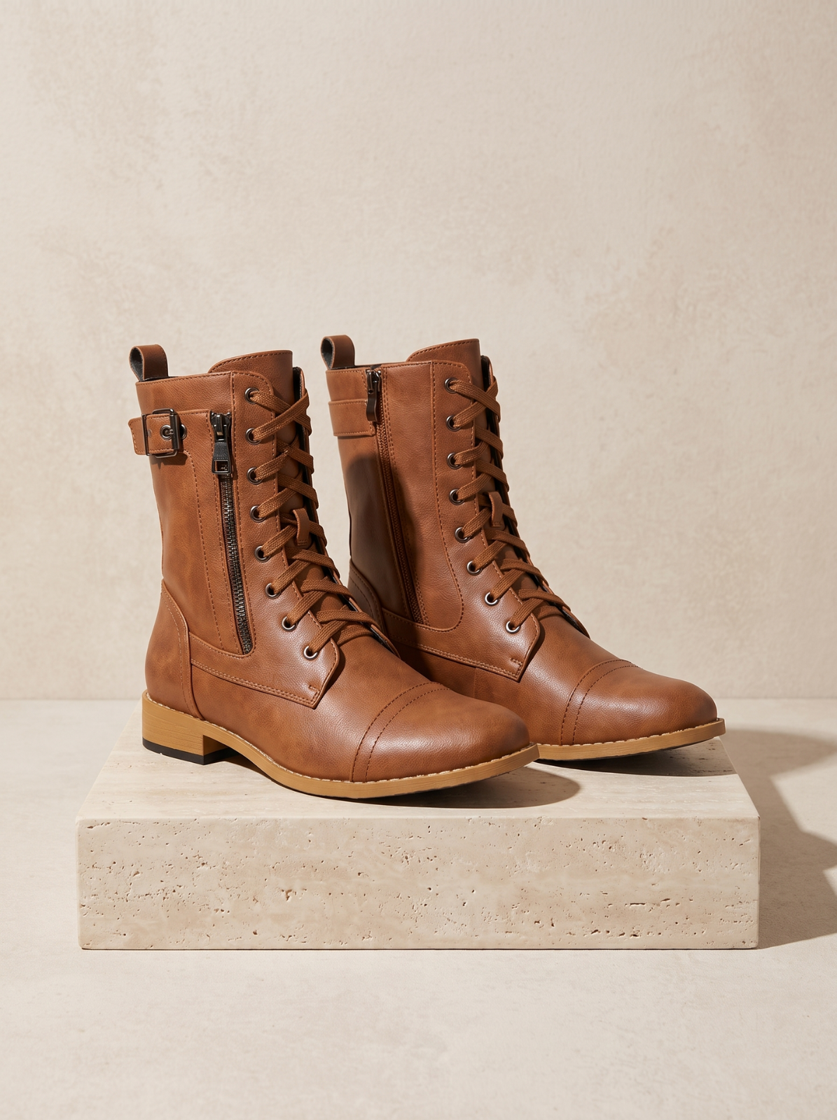 Faux leather mid-calf boots lace-up women