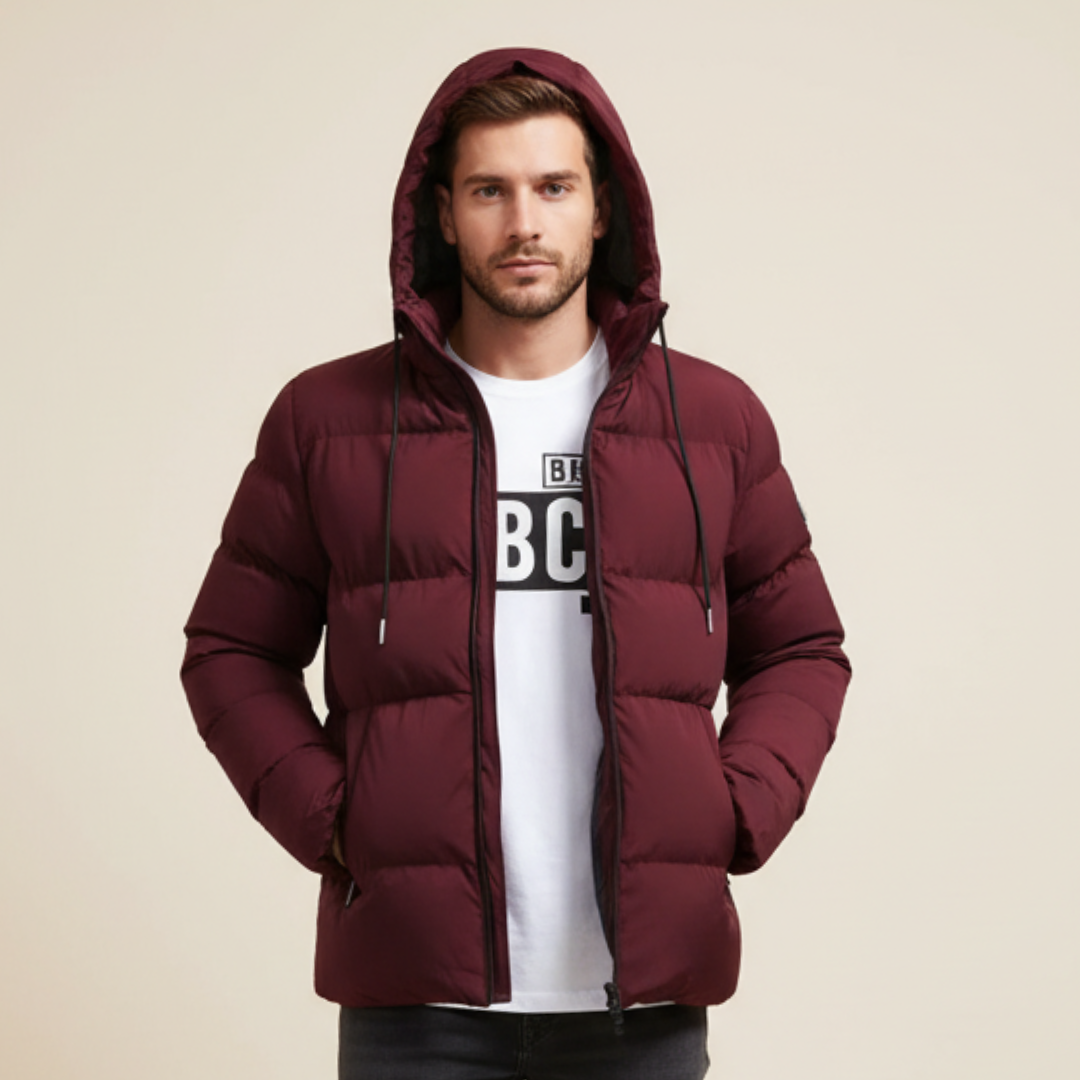 mens hooded parka with quilted insulation displayed on model