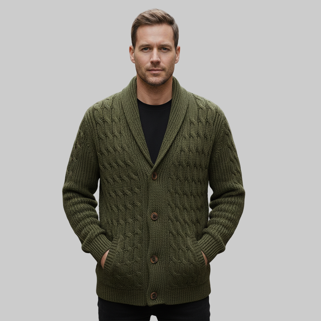 textured knit cardigan featuring button closure and ribbed trim