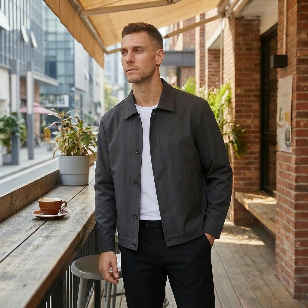 Men's structured short jacket in dark gray with shirt collar, side view showing zip and button closure