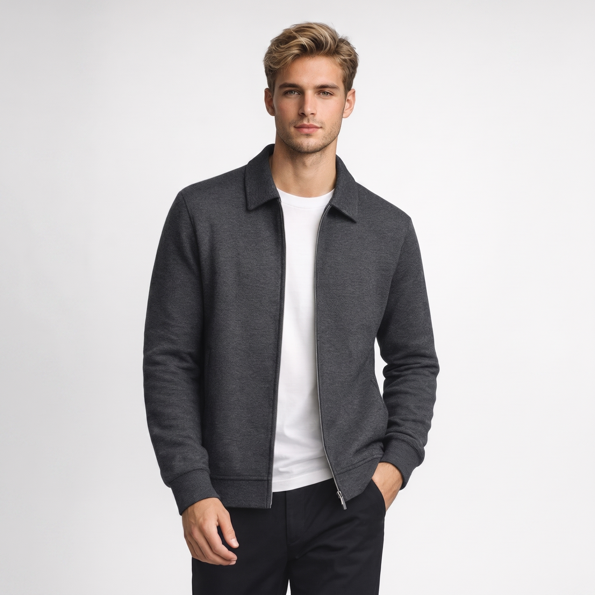 Three-quarter front view highlighting the full zip fastening and classic collar design