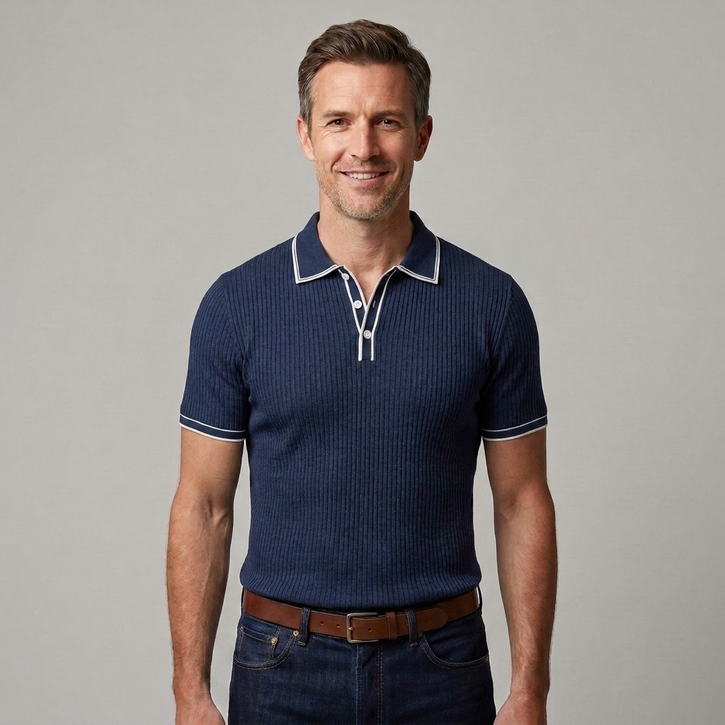 Front view of a fitted ribbed knit polo shirt with a contrast tipped polo collar and short sleeves