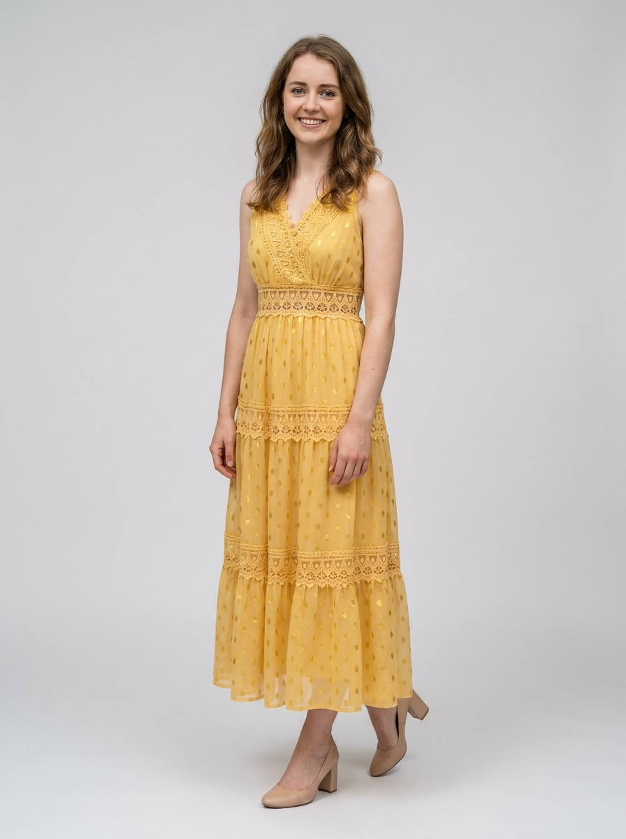 Lace detail midi dress with a flowing silhouette