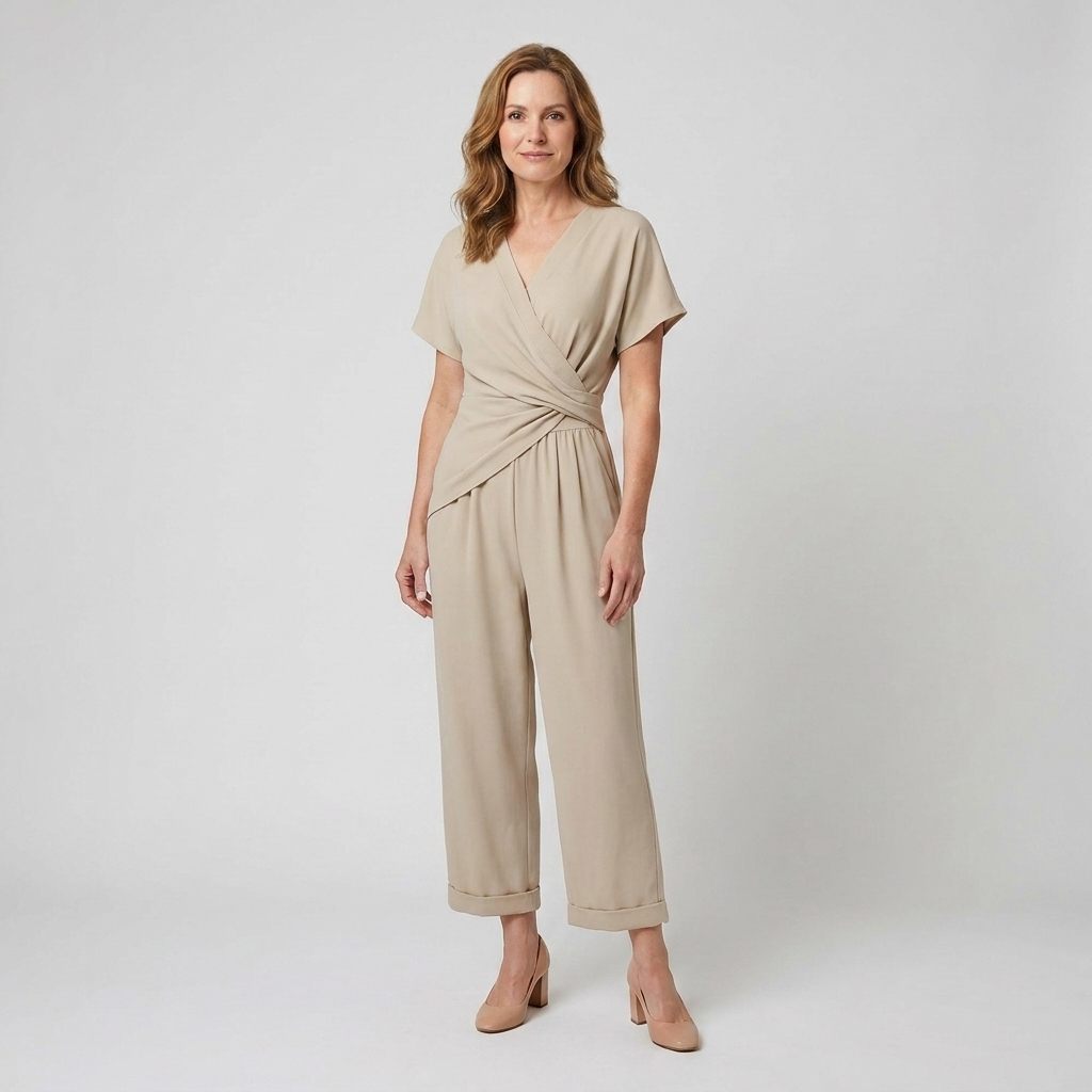 Women's short sleeve top and shorts set featuring a draped knot front and elastic waist shorts