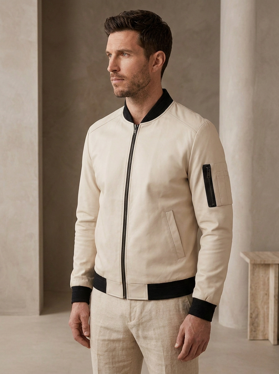Men's fitted bomber jacket with ribbed collar