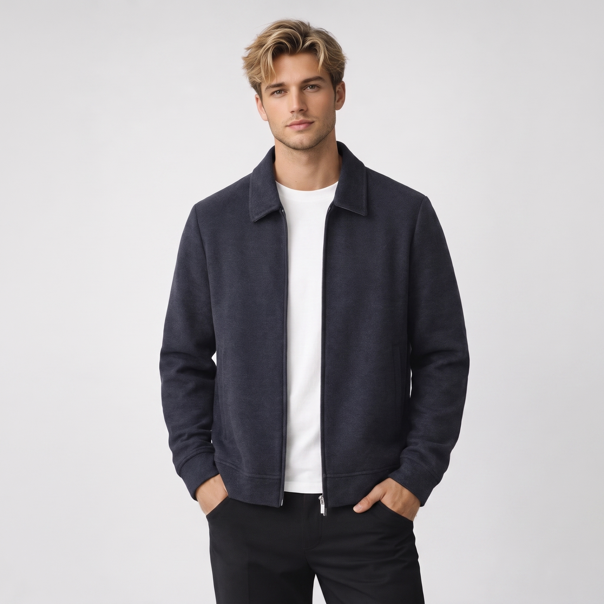 Detailed view of the zipped side pocket and panel stitching on the casual jacket