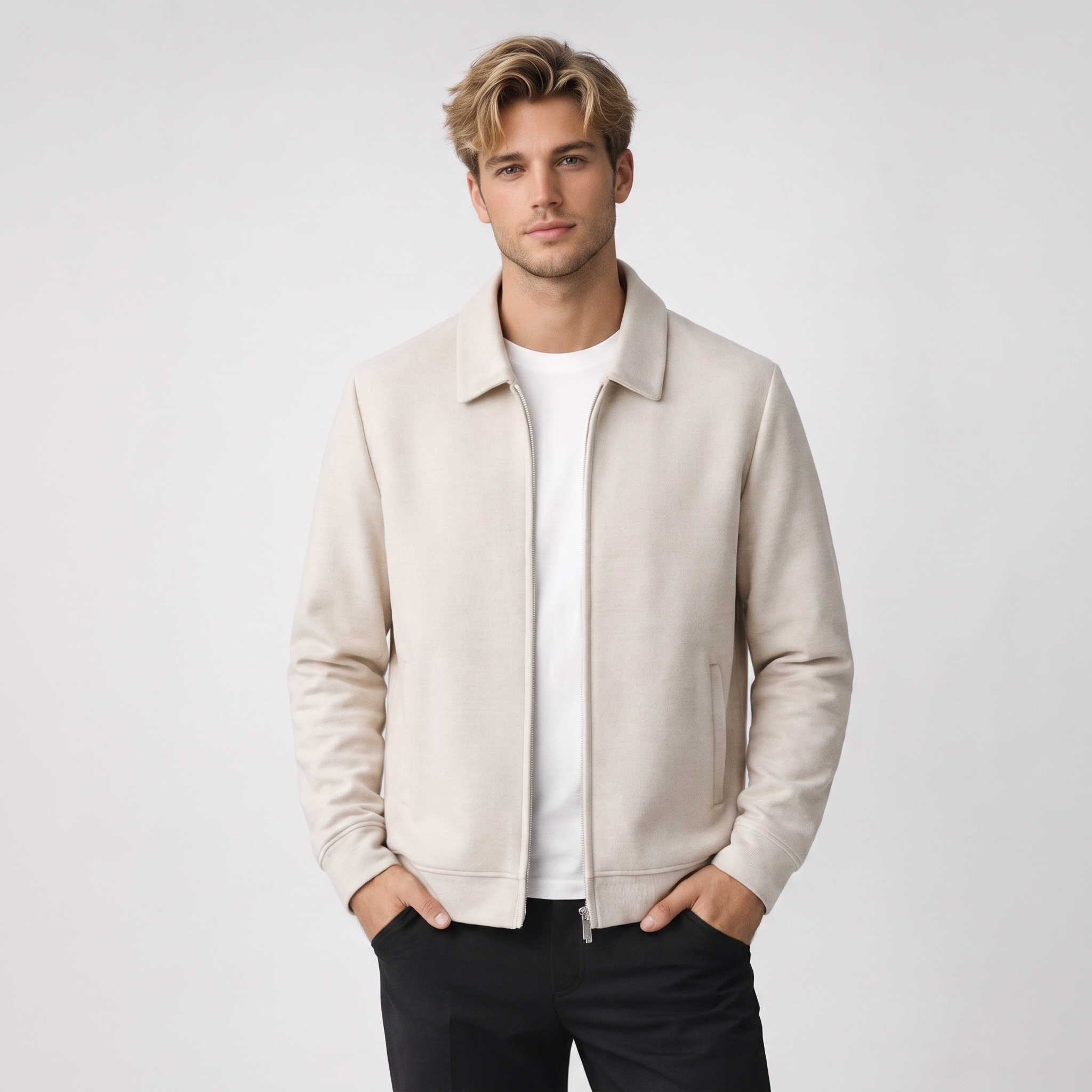 Full-length front view of a regular fit casual jacket with a straight silhouette and zip closure