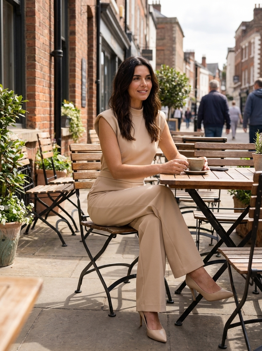 Women's beige satin-look sleeveless jumpsuit with wide-leg trousers and button fastening