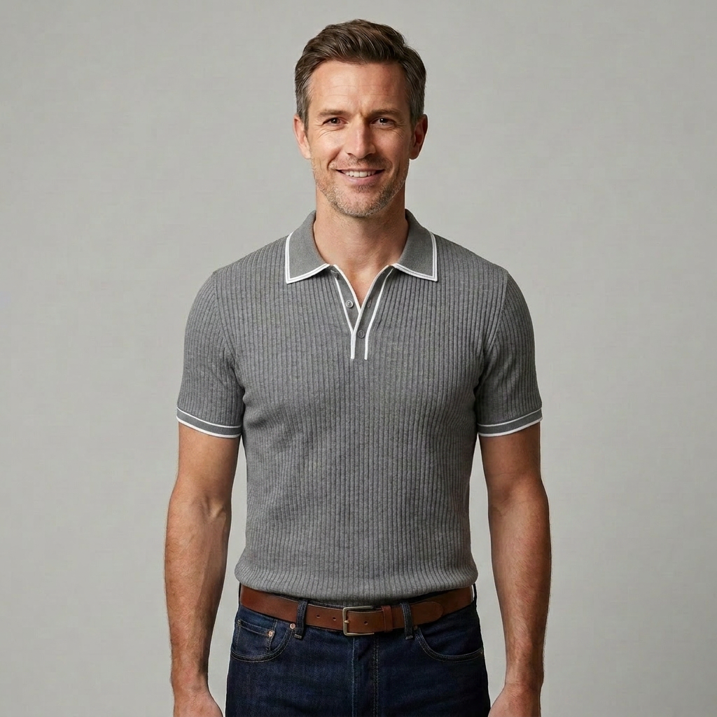 Detailed view of the contrast piping around the polo collar and sleeve cuffs on a ribbed knit shirt