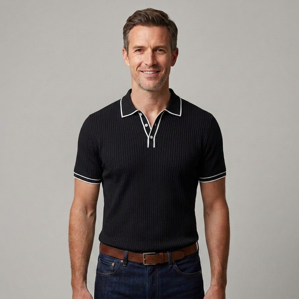 Fitted men's ribbed knit polo shirt tucked into jeans highlighting the structured silhouette and straight hem