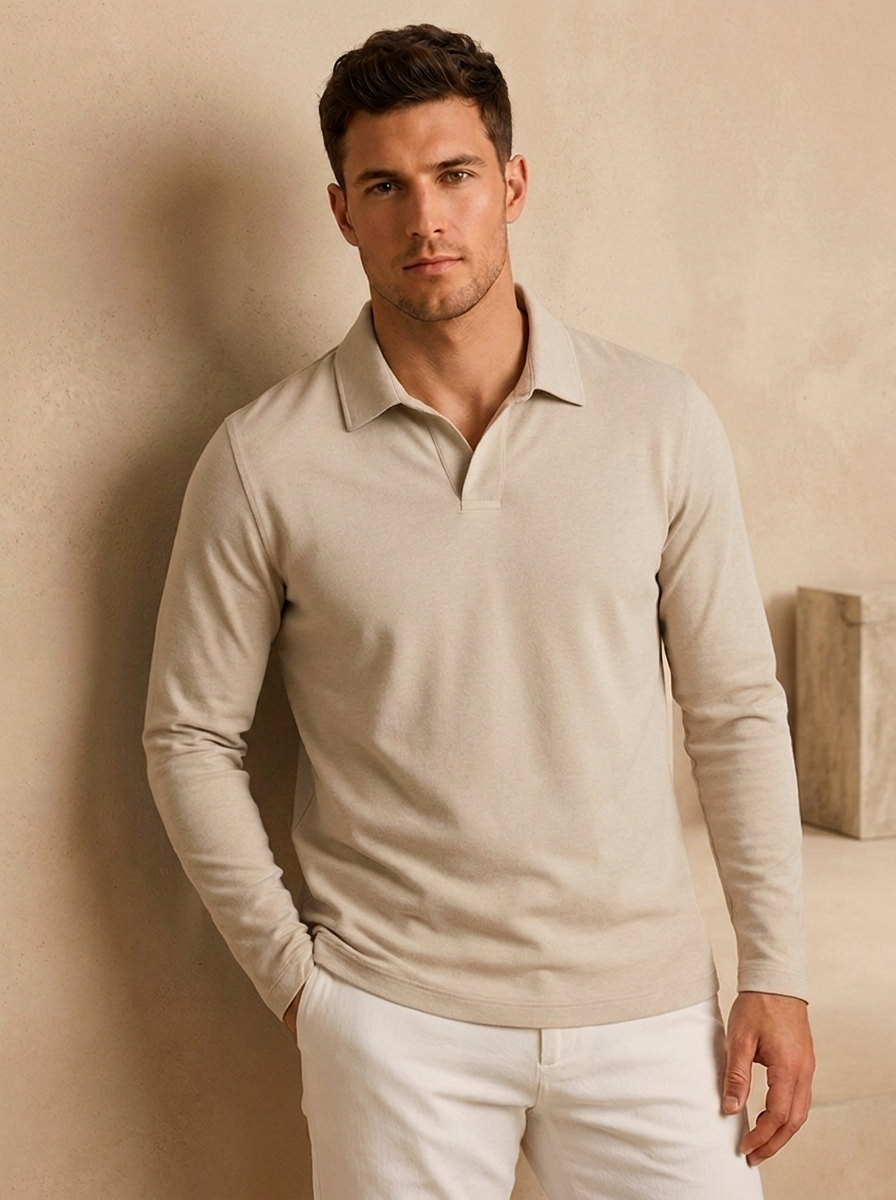 Ribbed knit long sleeve polo with a regular fit