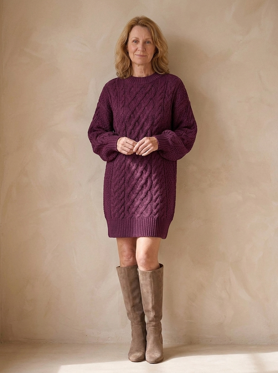 Women's jumper dress with a classic cable knit texture