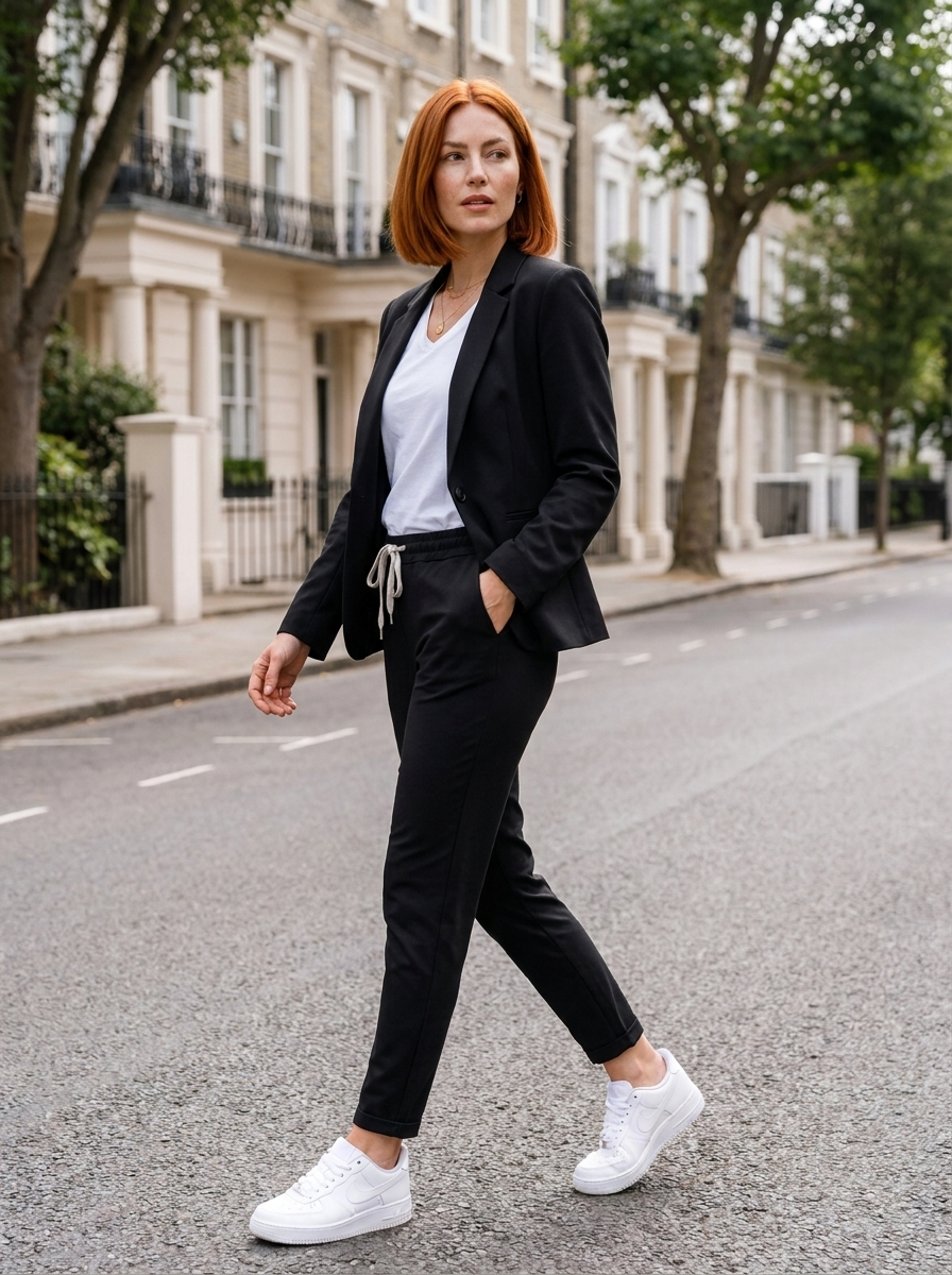Women's two-piece blazer and jogger trouser set with coordinated design