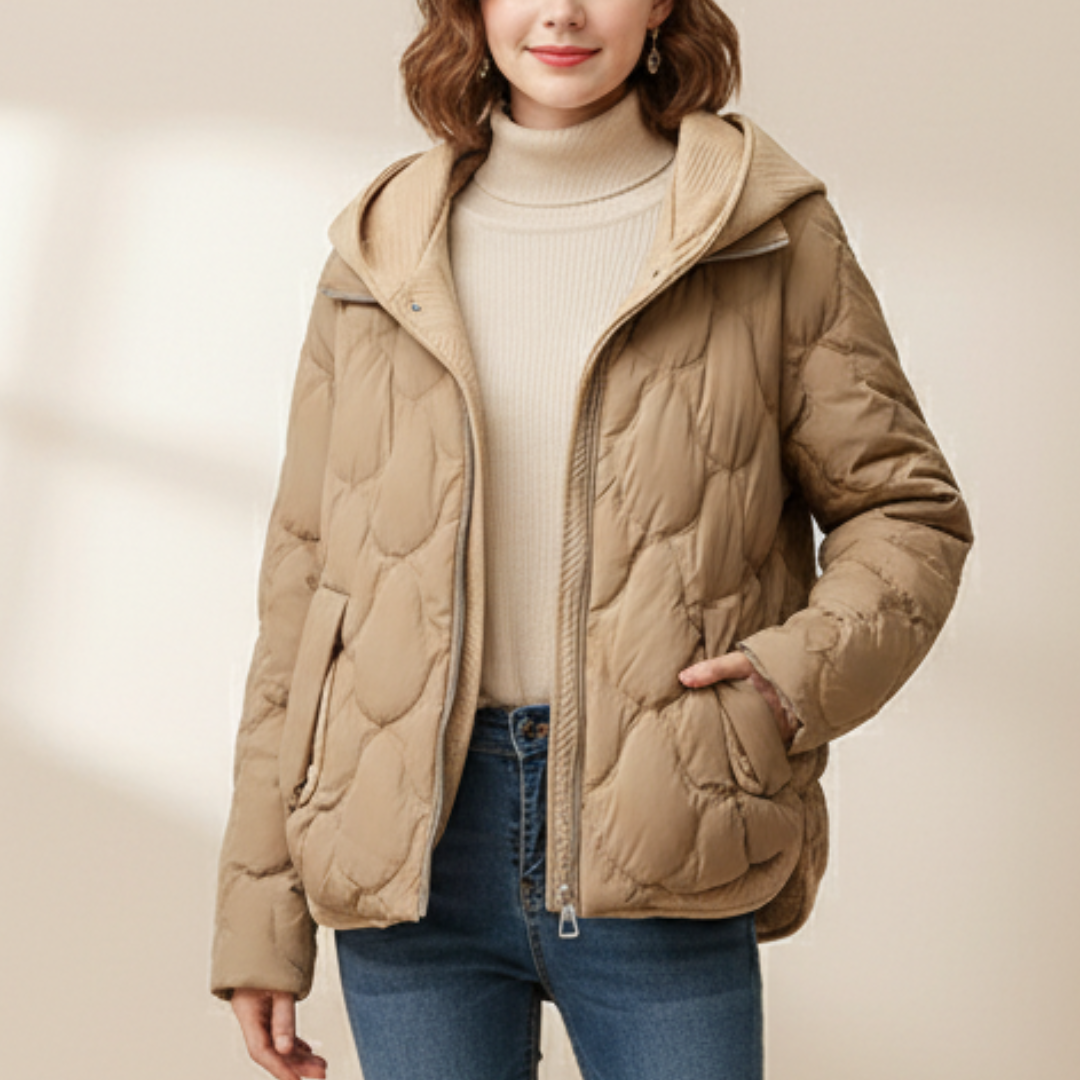 hooded puffer jacket back view showing quilted construction