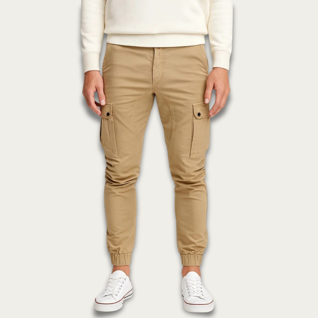 Men's khaki cotton cargo jogger trousers with utility-style cargo pockets and jogger silhouette