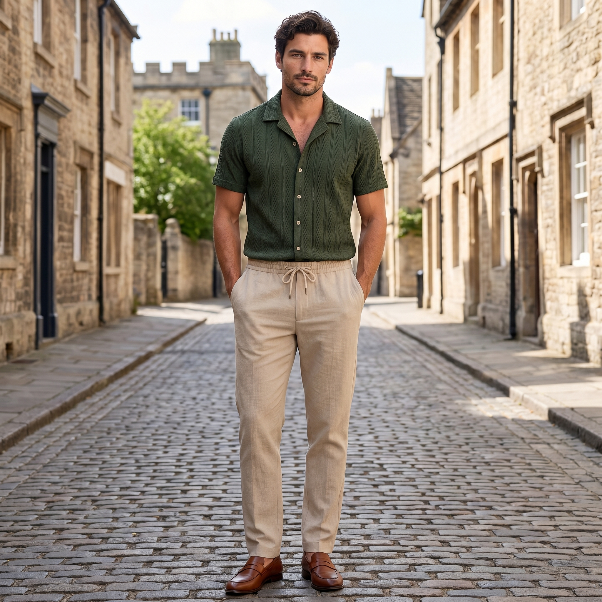 Men's green two-piece casual set with wide-leg relaxed fit trousers and long sleeve button-up textured shirt