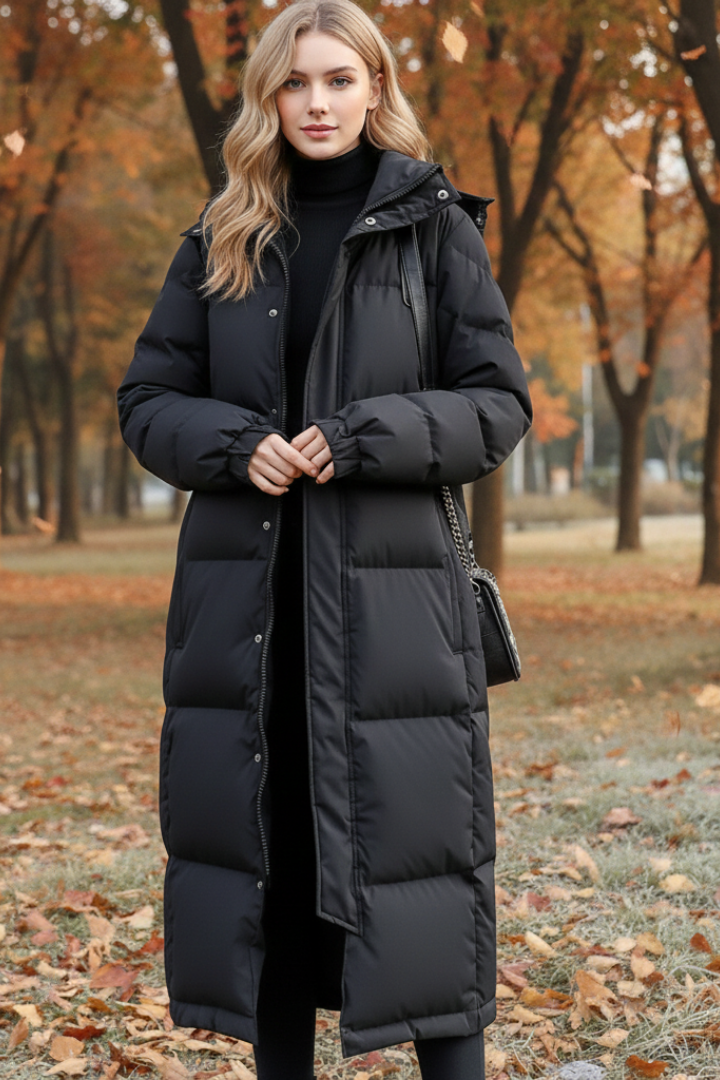 Quilted puffer jacket with stand collar and zip closure for women