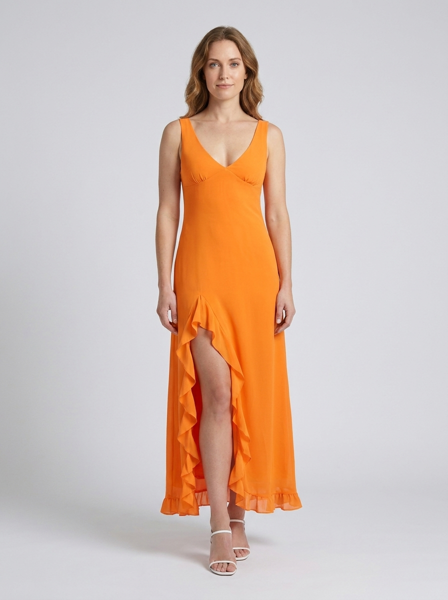 Deep V neck maxi dress with a flowing silhouette