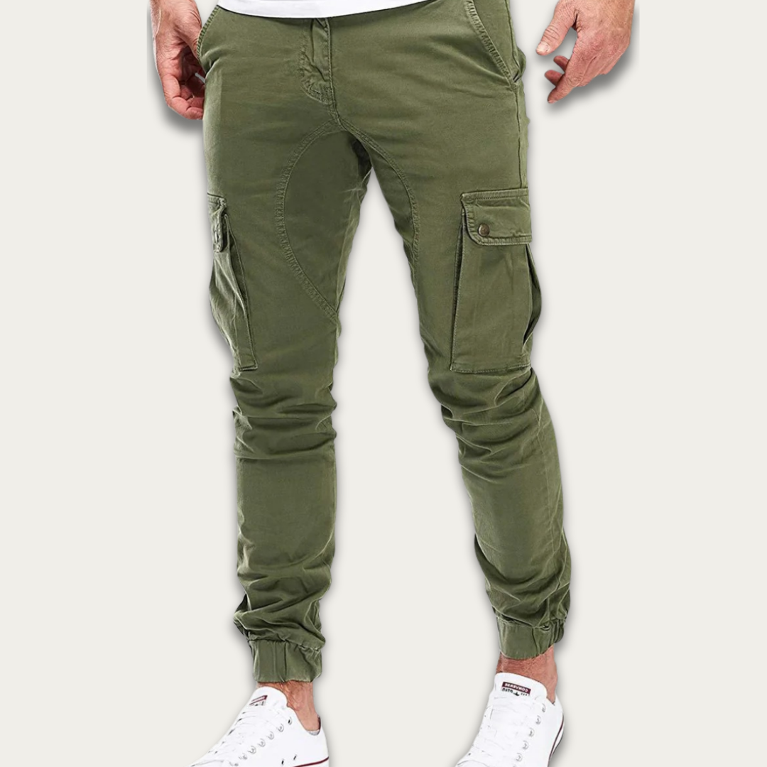 Men's army green cotton cargo jogger trousers close-up showing cargo side pocket and utility detailing
