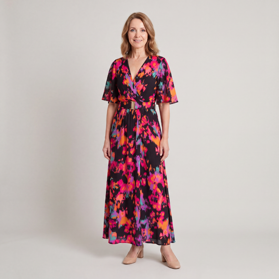 Casual maxi dress featuring a V-neckline and lightweight flowing construction