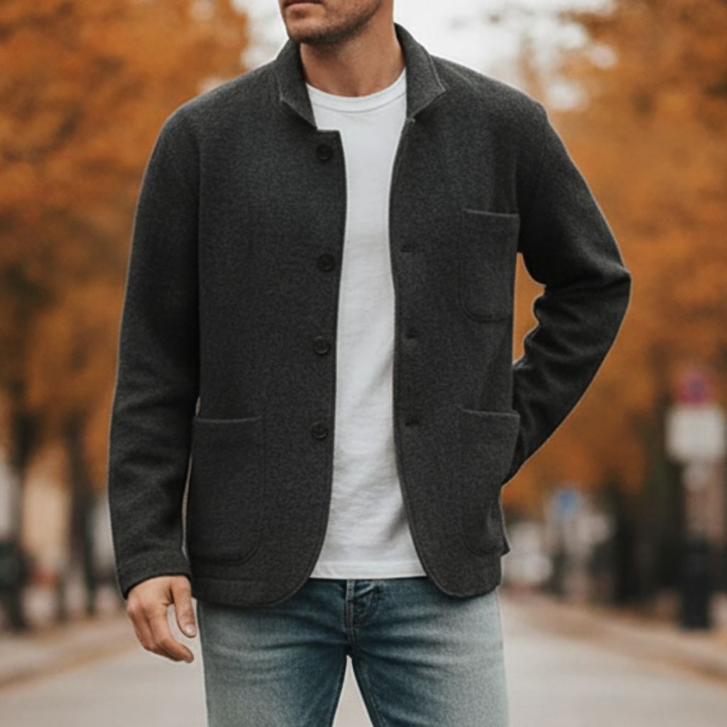 knit jacket featuring stand collar and functional front pockets