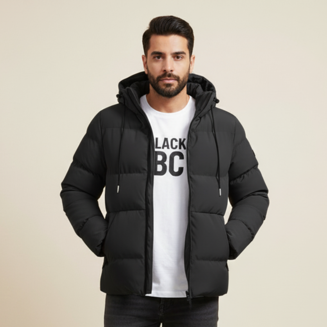 quilted jacket with ribbed cuffs and hem detail shot