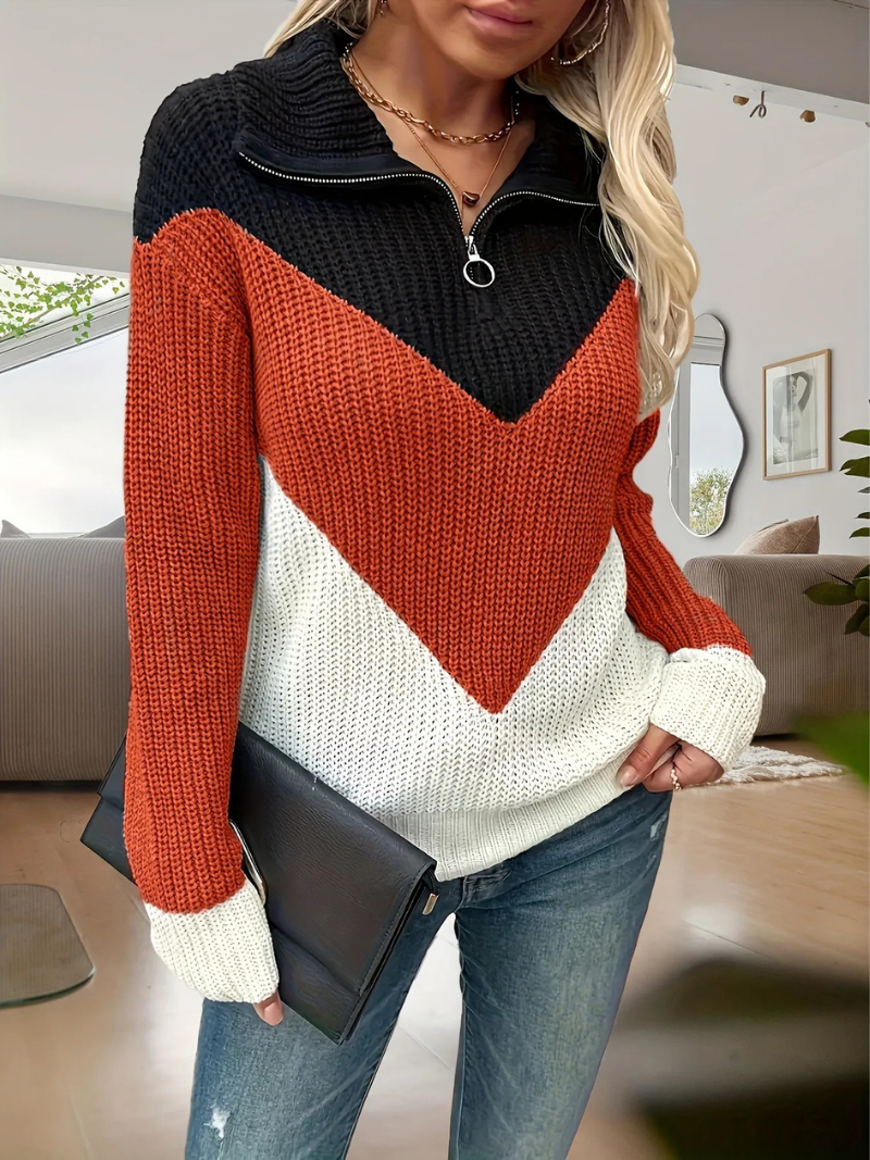 Chunky knit zip-through jumper with stand collar and elasticated hem for women