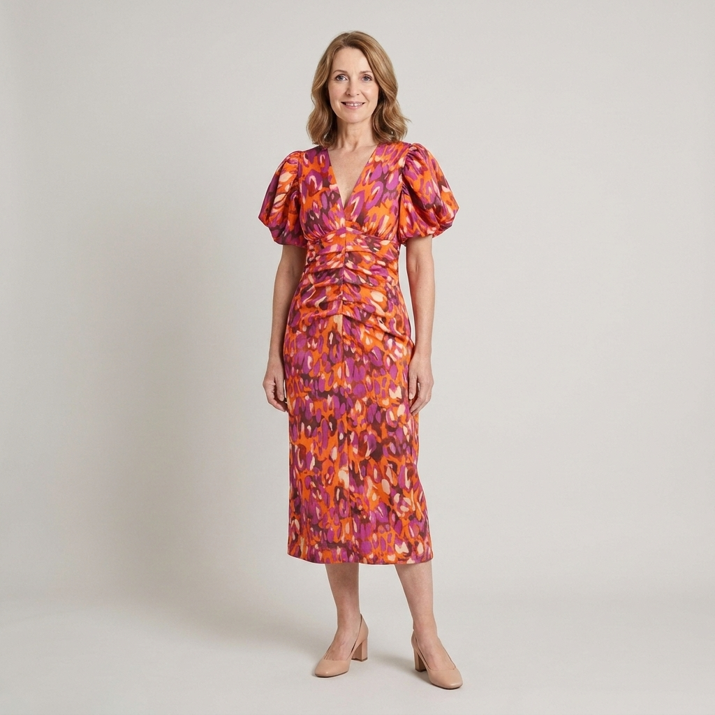 Casual midi dress with a colourful printed design and short sleeves for holiday and travel outfits