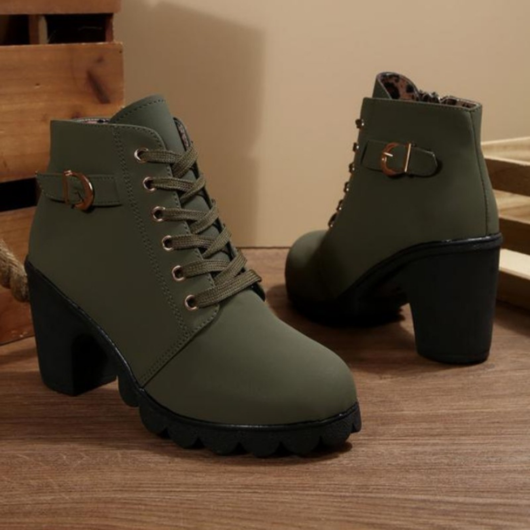 Women's army green chunky ankle boots with lace-up and zipper closure, metal buckle accent
