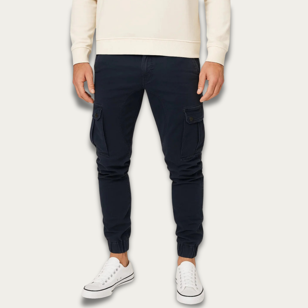 Men's navy blue cotton cargo jogger trousers with elastic waistband and side cargo pockets