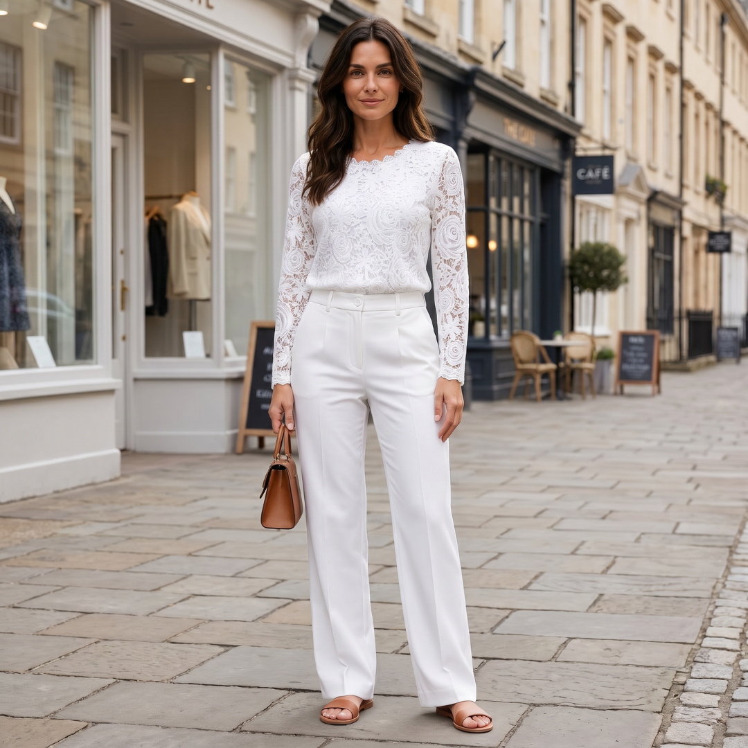 Woman in a white outfit standing on a street with shops in the background