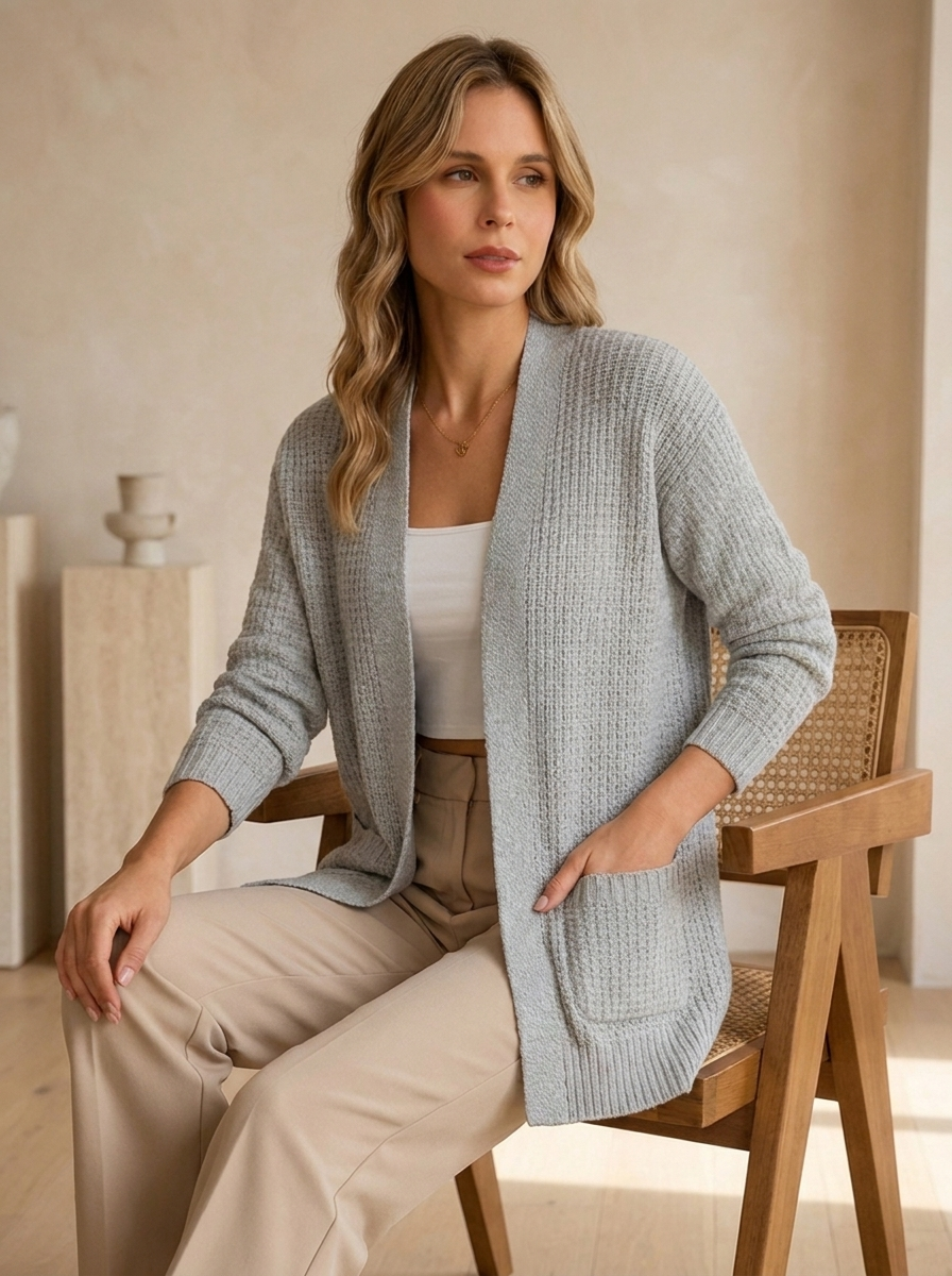 Textured knit cardigan with an open front design