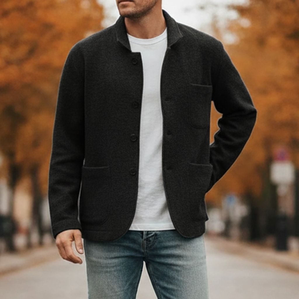casual wool knit with stand collar and pocket features visible