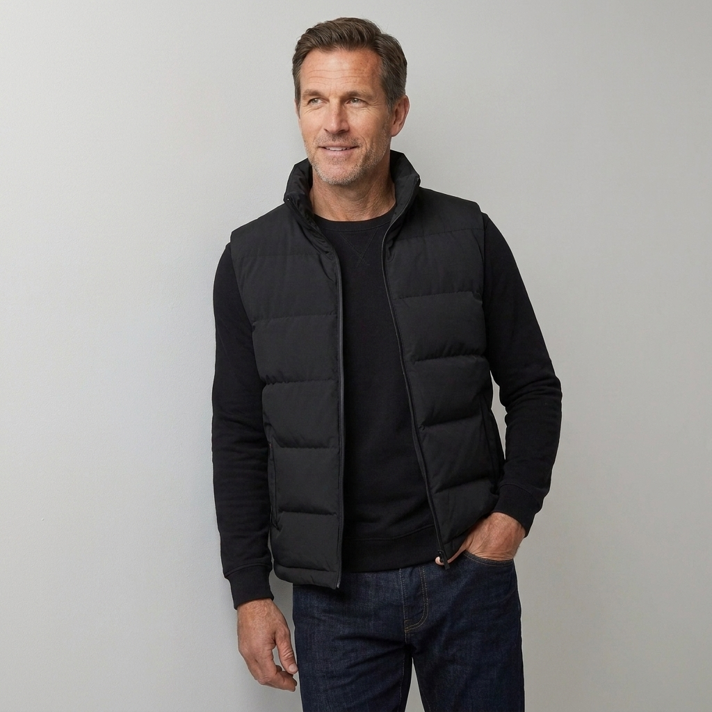Stand collar detail on men's zip gilet