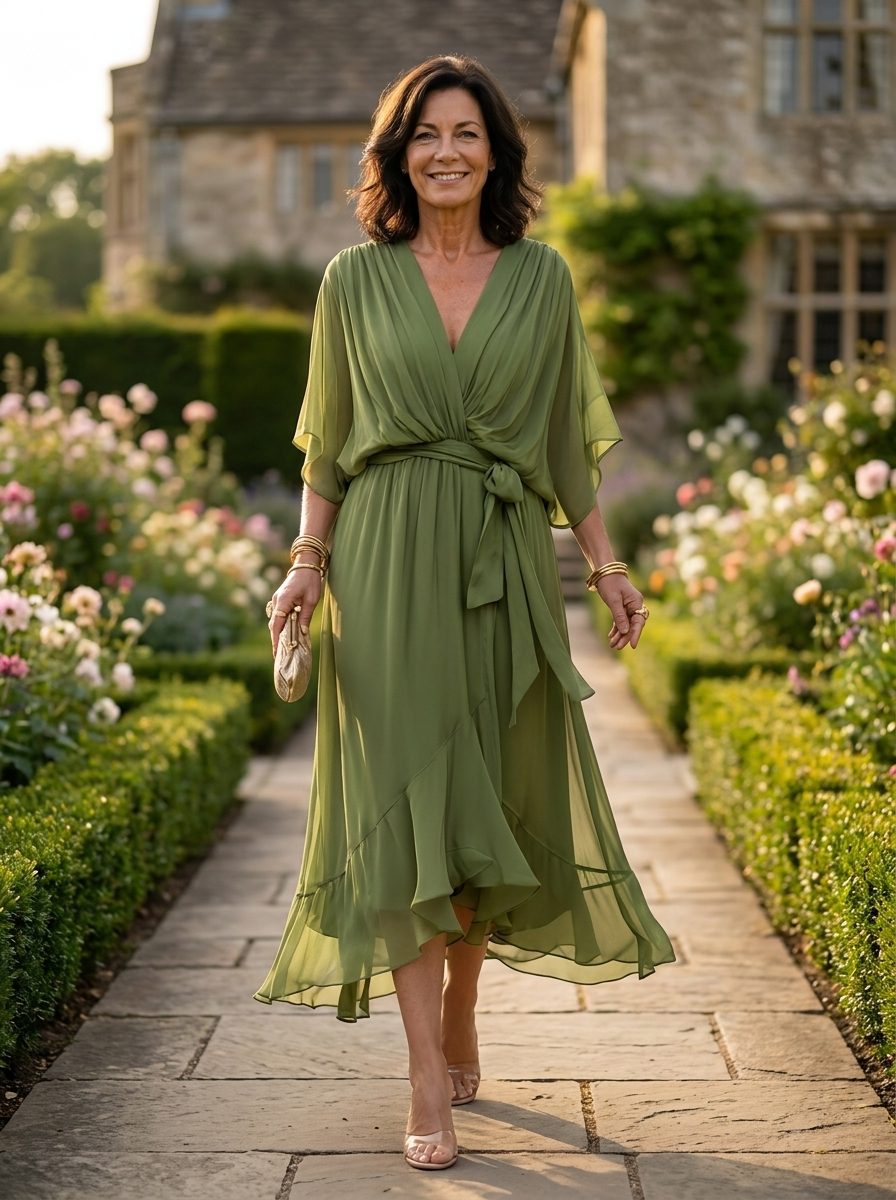 Women's green V-neck chiffon midi dress with long sleeves and sash closure