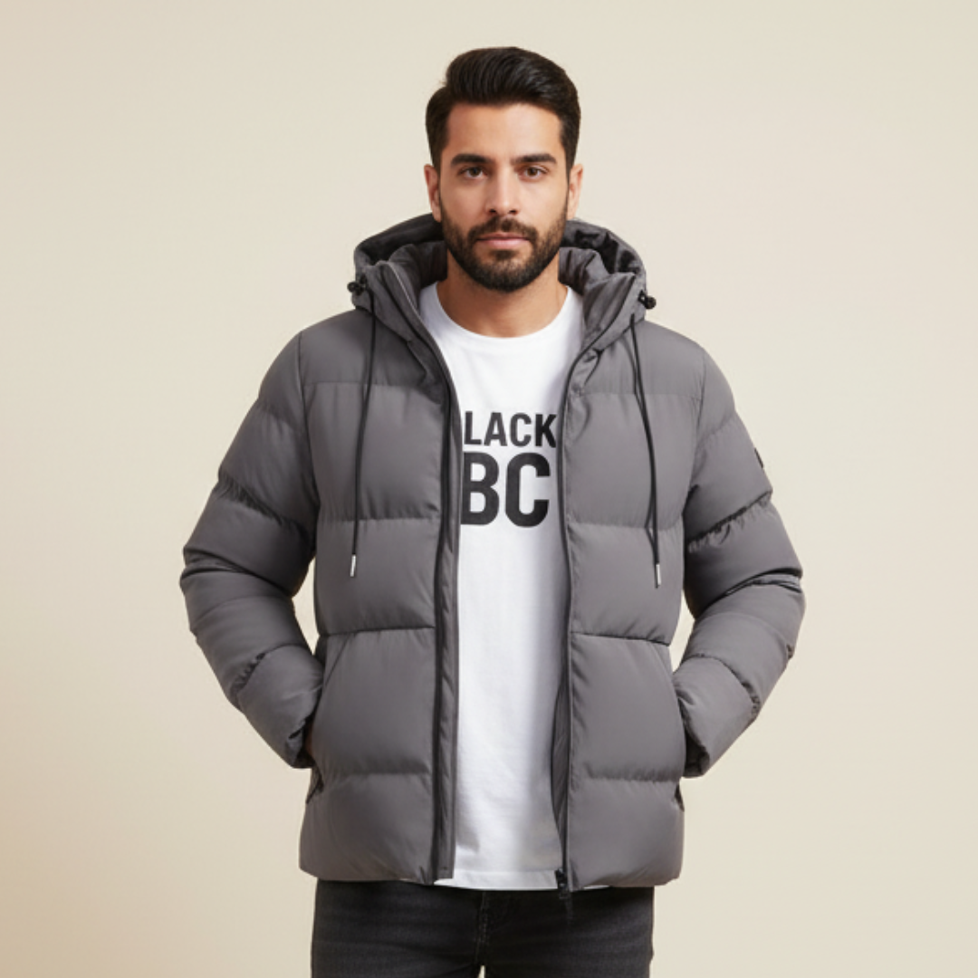 long fit hooded jacket with padded construction side profile