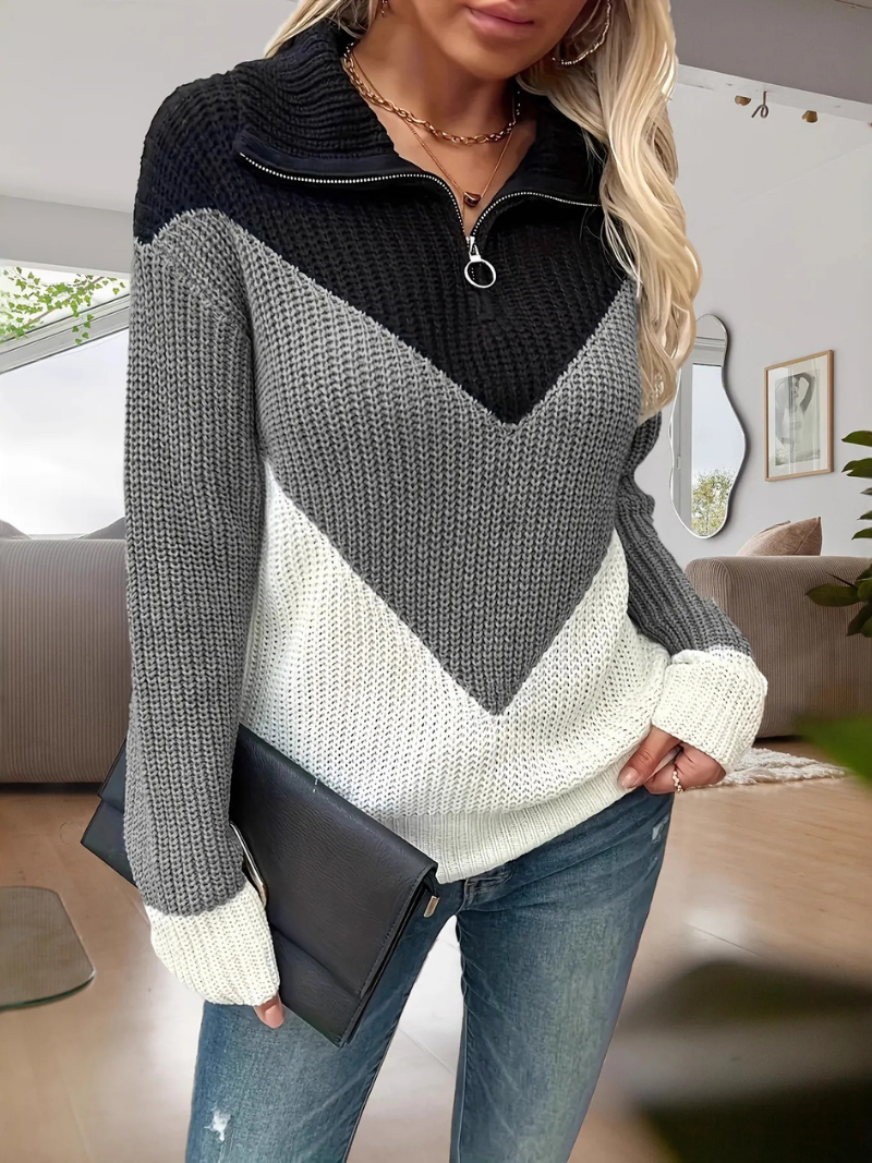 Stand-collar knitted jumper with full zip fastening and ribbed knit construction