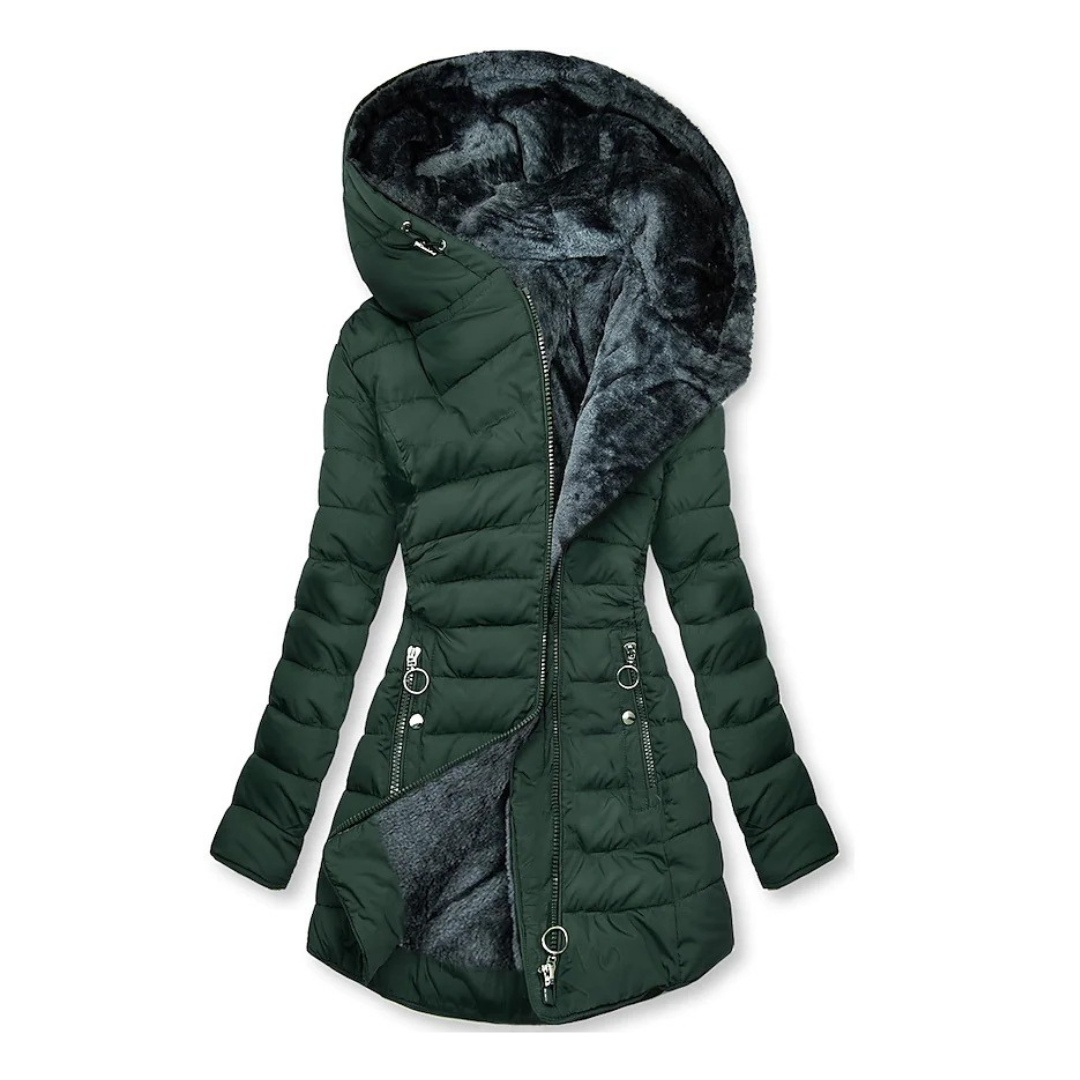 Quilted winter coat with hood and faux fur lining, longline style, women’s cold weather wear