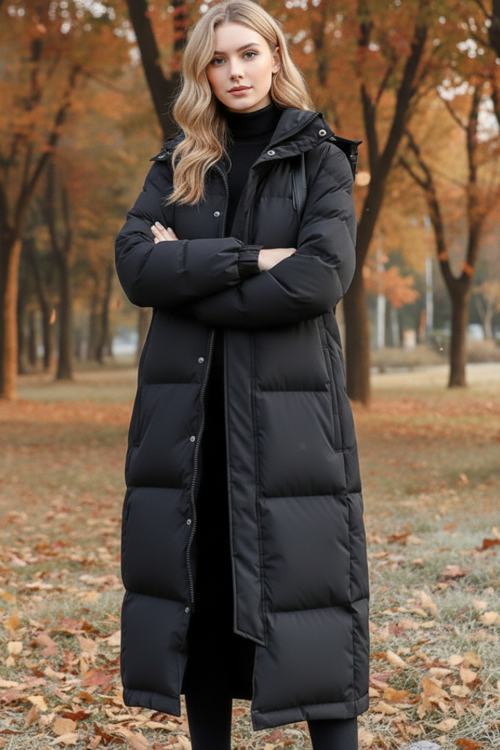 Insulated long jacket with diamond quilting pattern worn by woman