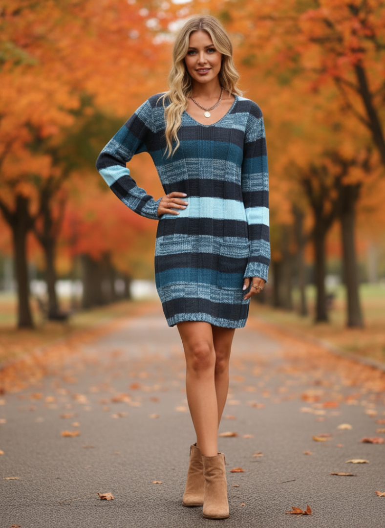 Robe Courte à Carreaux en Maille pour Femme