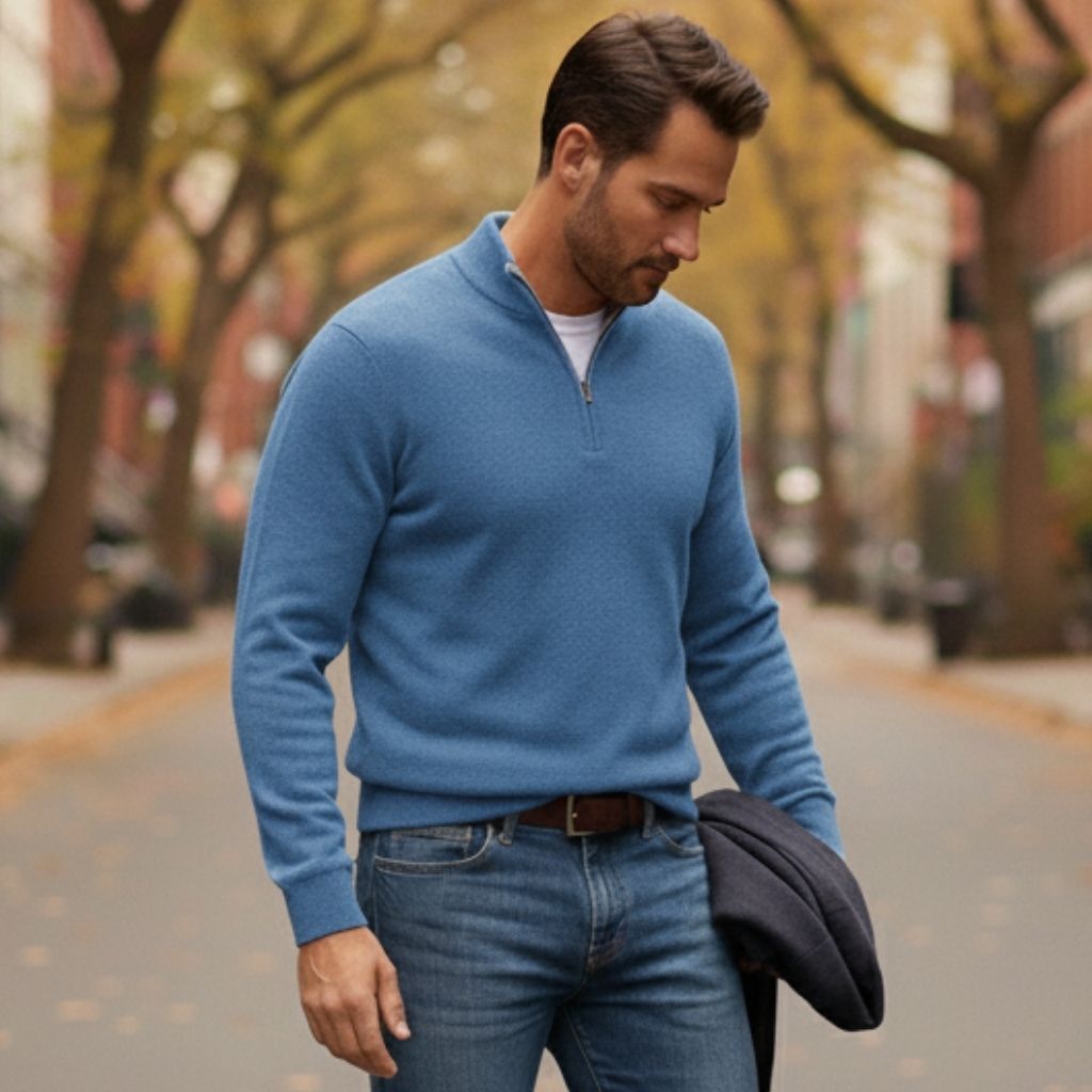 Pull Col V Zippé en Merino Doux Homme