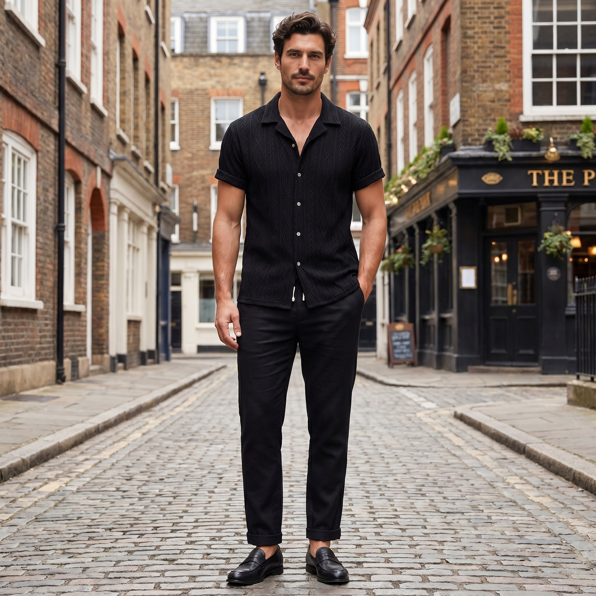 Men's black two-piece wide-leg set with textured button-up long sleeve shirt and relaxed fit trousers
