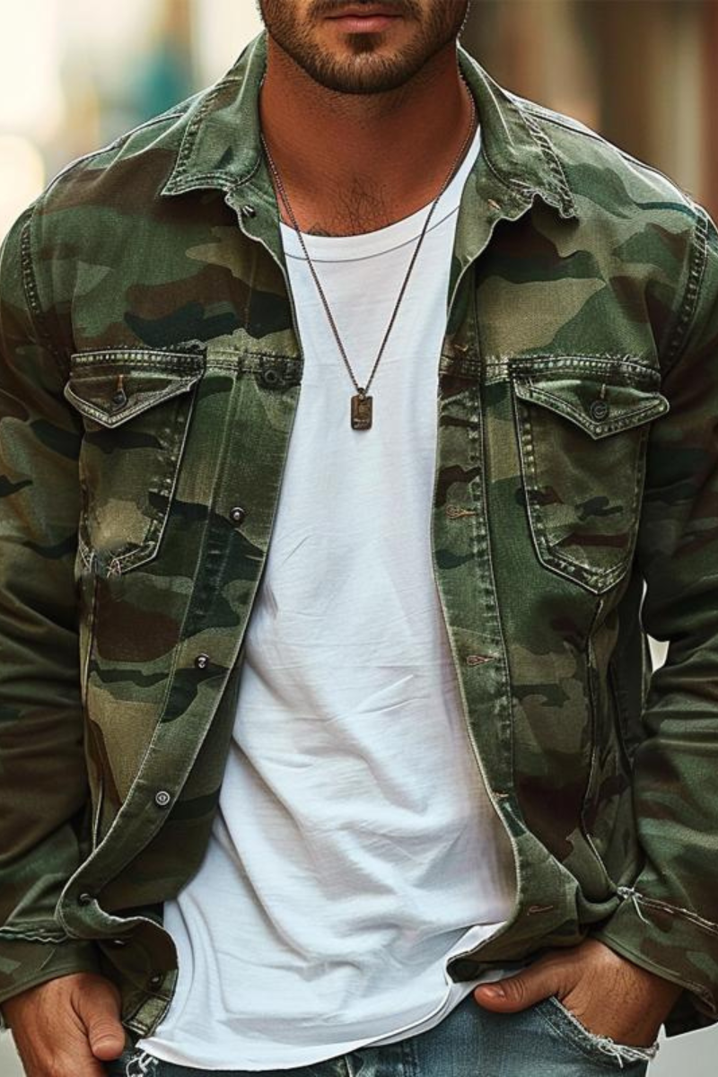 Cotton camouflage jacket with button fastening and chest pockets worn by man