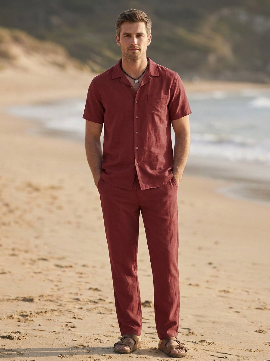 Coordinated casual outfit featuring a plain shirt and matching trousers