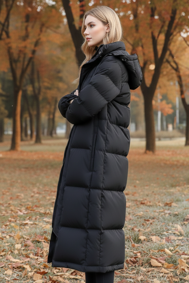 Down-filled coat with high neck and full-length zip for cold weather