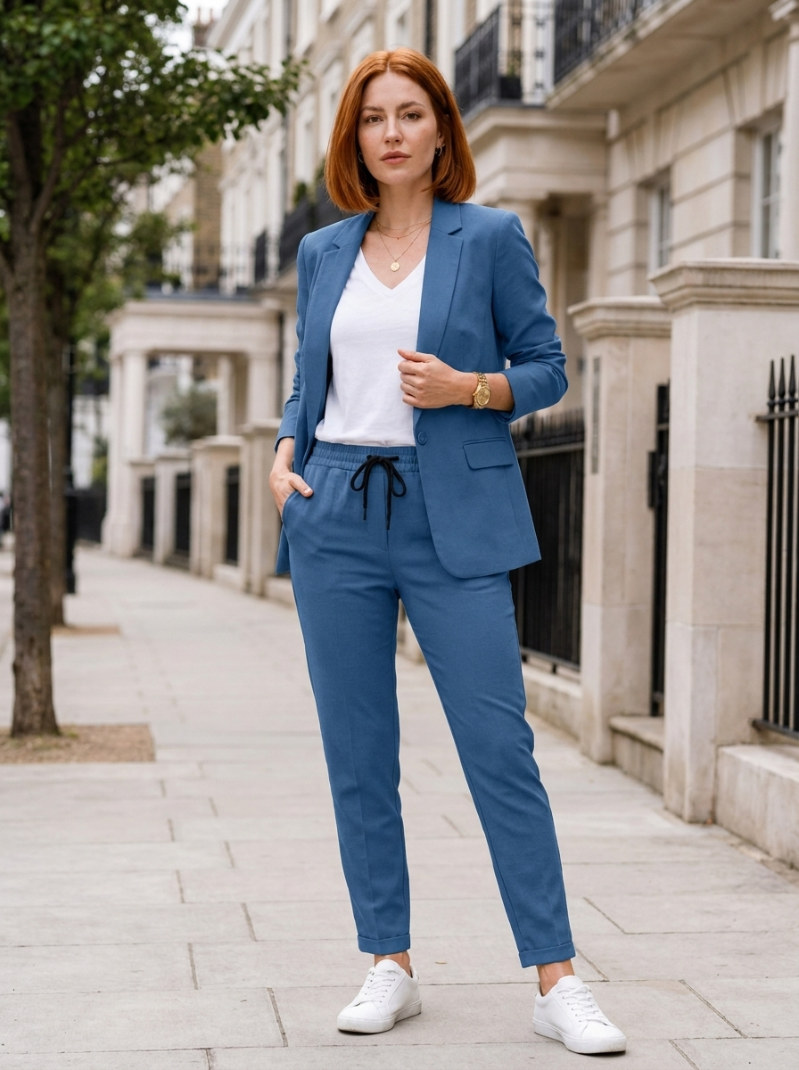 Women's tailored blazer jogger set for workwear and business casual styling